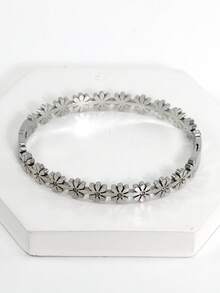 Fashionable Stainless Steel Daisy Zirconia Bangle, Suitable For Women's Party, Daily Wear, Classic Floral Design Wrist Jewelry Gift - Steel - View 4