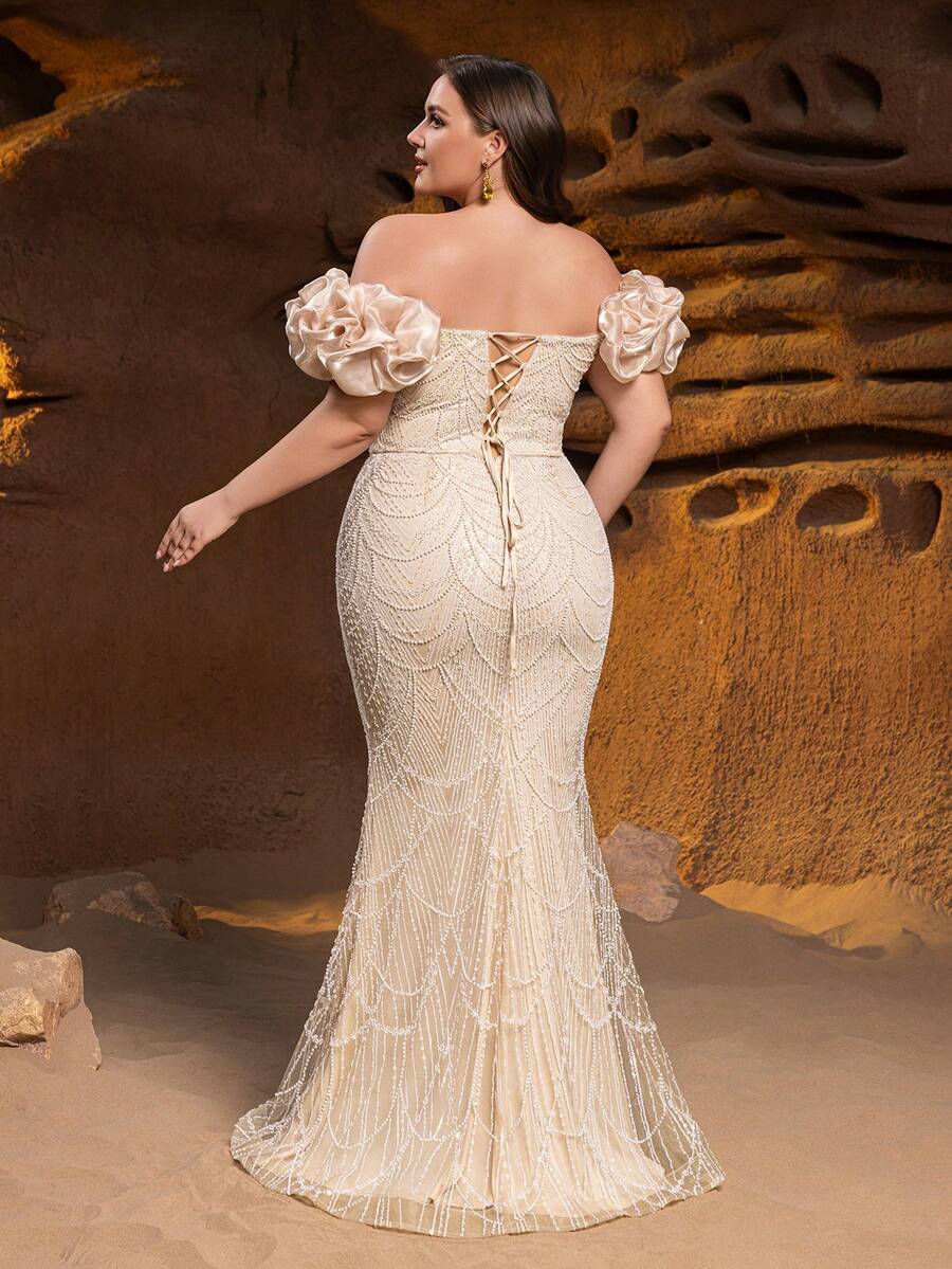 Faeriesty 高级魅力优雅露肩短袖鱼尾大码正式晚礼服——完美适用于婚礼、盛大晚宴、黑领结活动、颁奖典礼和豪华宴会派对 - 杏色 - 查看 1