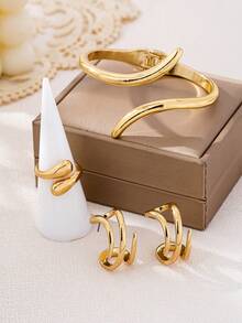 4 件/套几何水滴光滑镀金手镯、戒指、耳环首饰套装，适合女士，简约优雅多功能日常配饰，春季设计开口手镯