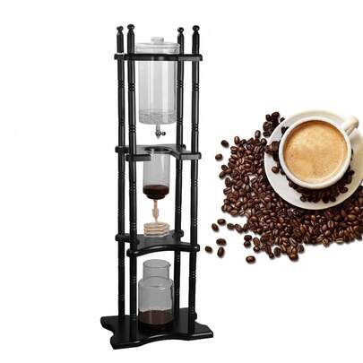 Ice Dripper Coffee Maker, Cold Brew Coffee Tower, Ice Drip Coffee Pot For Home Office Coffee Shop, Cold Brew Drip Tower Iced Coffee Maker Glass Wooden Stand 25 Cups, Coffee Maker Drip Tea Maker Tower Wooden Stand Glass Dripper Machine Cold Brew  For Making Delicious Cold Extracted Coffee