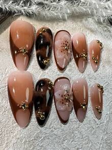 Handmade Nail Art, Maillard 3D Floral Nail Art, Amber Autumn Nail Art, Halo Nail Art, Brown Nail Art, Medium Almond French Tip Nail Art, False Nails For Women Nail Supplies Handmade Press On Nails - màu nâu - Xem 4