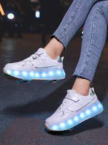 青少年轮滑鞋，带轮鞋，四轮滑鞋，小号四轮鞋，LED充电发光鞋 - 白色 - 查看 7