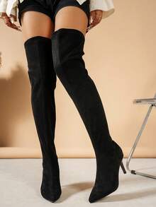 Women's Fashion Over-The-Knee Boots, Pointed Toe Suede, Slim High Heel, Synthetic Rubber Sole, Easy To Clean (Hand Wash/Dry Clean), Suitable For Daily And Formal Occasions, Business Casual, Beach, Holiday, Party, Wedding, Office Casual - Women's Over-The-Knee Elastic Boots - Black - View 4