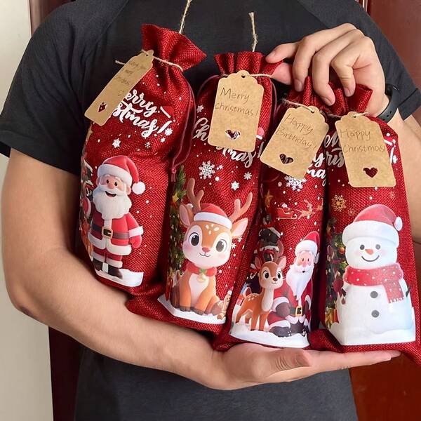 1/4/8pcs Christmas Wine Bottle Bags With Drawstring, Jute Hessian Burlap Wine Gift Bottle Bags, Reusable Fabric Bottle Gift Bags For Christmas, Birthday, Christmas Eve, Travel, Holiday, Party Christmas Pajamas Gifts Christmas Decor