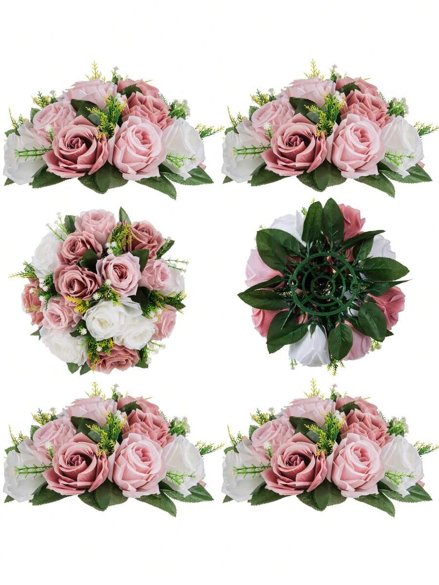 Centros de mesa con bolas de flores Flores artificiales de rosa pálido vintage Arreglo floral de seda artificial Pieza central de ramo de besos para decoración de bodas, fiestas, San Valentín y hogar