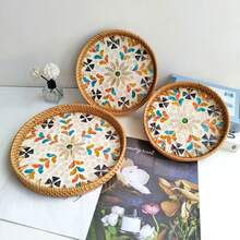 直径 8.66 英寸 x 高 1.18 英寸手工编织藤条圆形桌面储物托盘 - 彩色 - 查看 5