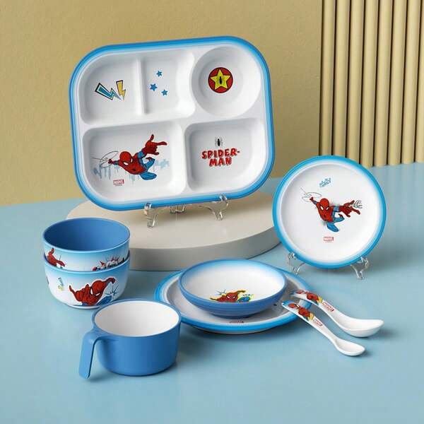 Marvel Prato divisor de talheres do Homem-Aranha, tigela de arroz para comida complementar, tigela de macarrão, copo de água, colher, prato de jantar dividido, presente perfeito para meninos