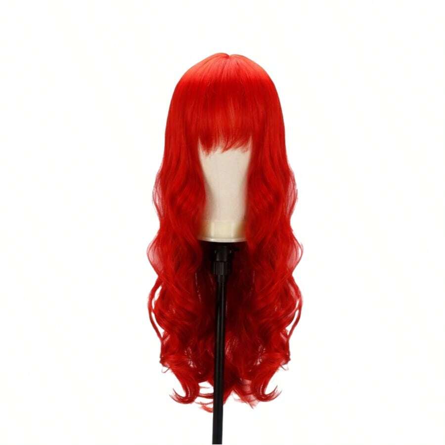 Wavy Hair Wig With Bangs Black Organic Fiber Long 60cm - 紅色 - 查看 1