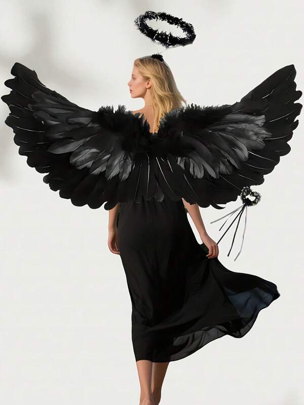 3pcs/1pc Angel Wings Costume Accessories-Feather Wings With Halo Headband Set For Adults,Lightweight Adjustable Fairy Wings