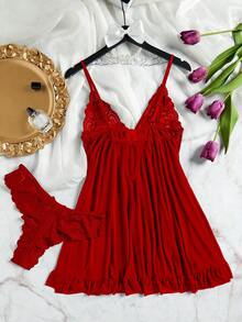 ROMWE Kawaii 3pcs/Set Women Sexy Deep V Lace Lotus Lingerie Set, Versatile Sexy Sleepwear For Bedroom, Bathroom, Party - Burgundy - View 2