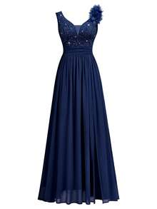 MIUSOL Elegant Women's Sequin Floral Lace Sweetheart Neck Maxi Dress, Sleeveless With Applique Shoulder, Ruched Chiffon Split Thigh Hem, Perfect For Formal Evening Party, Wedding Guest, Birthday - 藏蓝色 - 查看 7