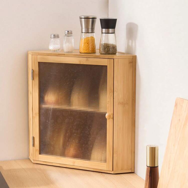 Panera de esquina para encimera de cocina, contenedor de pan de bambú de doble capa y gran capacidad, panera de madera rústica para pan casero, contenedor de almacenamiento con puerta acrílica ondulada, color natural - Esquina de madera natural de doble capa - Añade 9