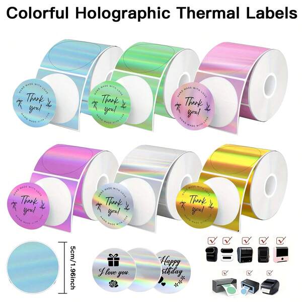 50*50mm Round Holographic Thermal Label Stickers, Shiny Self-Adhesive Label Paper, Printable/Name/Price Tags/DIY Custom Logo, Compatible With P50/M110 M221 Label Printers