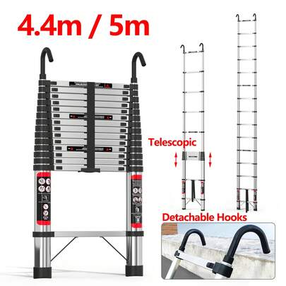  HSHa 4.4m/5m Telescopic Ladder Stainless Steel Heavy Duty Extendable Loft Telescopic Ladder Adjustable Height With Detachable Hooks, Anti-Slip And Durable, Retractable