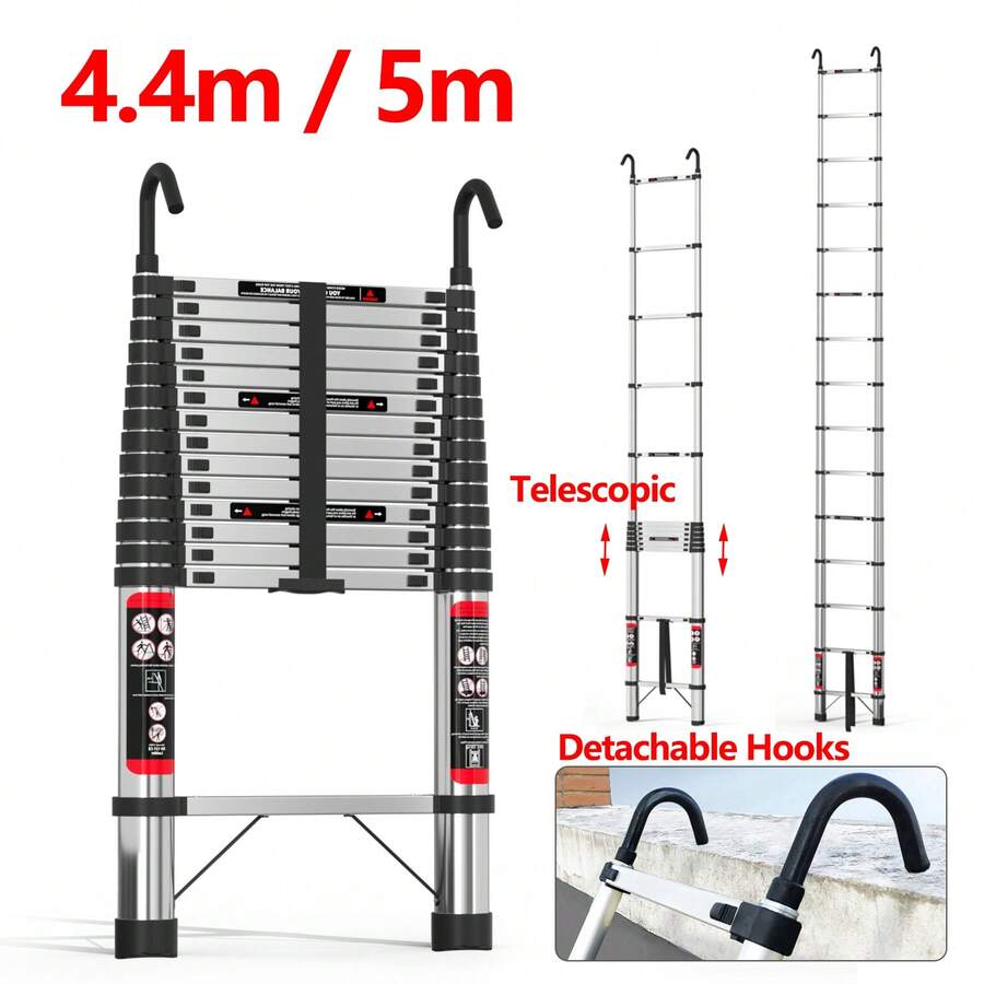 HSHa 4.4m/5m Telescopic Ladder Stainless Steel Heavy Duty Extendable Loft Telescopic Ladder Adjustable Height With Detachable Hooks, Anti-Slip And Durable, Retractable