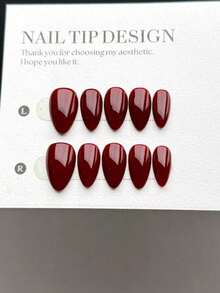 10-Piece Handmade Wearable Nail Tips, Short Almond-Shaped Press-On False Nails, Sweet And Luxurious Style, Smooth And Shiny Pure Red Press-On Short Nails, Suitable For Women And Girls For Daily And Festive Wear, With Nail Set