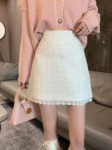 Tweed Small Fragrance High Waist Slimming Lace Patchwork Hip Short Skirt Autumn And Winter - White - View 6