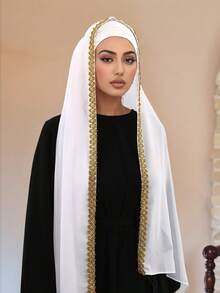 1pc Solid Color Faux Pearl & Gold Floral Chiffon Scarf, Casual Elegant Breathable Hijab, Suitable For Outdoor, Beach, Daily Wear For Dress,Holiday - Golden Double-sided Flower Chiffon Scarf - View 8