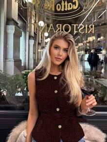 Áo hai dây nữ có khuy cài, viền bèo nhún, dây đeo bản rộng, áo blazer mỏng không tay cài khuy kiểu Pháp cơ bản cho mùa hè. - Đỏ - Xem 3