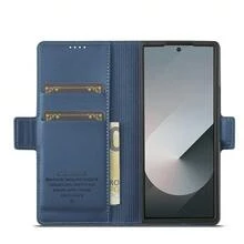 OUKNOEO 时尚商务仿皮手机壳，兼容三星 Galaxy Z Fold 7 6 5 4 3，带笔槽和 3 个卡槽，防盗毛绒钱包式保护套 - 藍色 - 查看 9