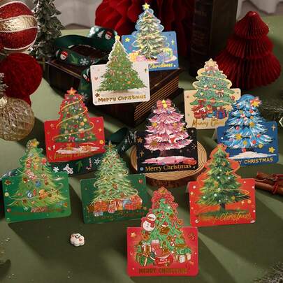 10pcs/Pack Christmas Tree Foil Greeting Cards, Suitable For Flower Shops, Bakeries, Exports, Gifts, Message Cards, Decorative Cards