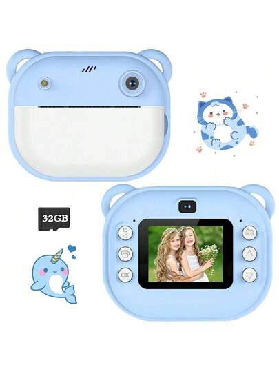 Máy ảnh in ảnh tức thời 1080P dành cho trẻ em, bộ lọc ảnh vui nhộn & trình phát nhạc, tô màu tự làm, đồ chơi giáo dục làm quà tặng cho bé trai & bé gái, Giáng sinh, Lễ Phục sinh, Sinh nhật, bao gồm thẻ nhớ SD 32GB & bút màu.