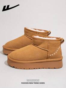 WARRIOR 1 Pair Women's Warm Thick Snow Boots, 2025 Autumn/Winter New Arrival, Tube Design, Thick Sole, Fashionable Short Tube Boots, Slip-On, Outdoor Winter Shoes - Camel 1863 - View 3
