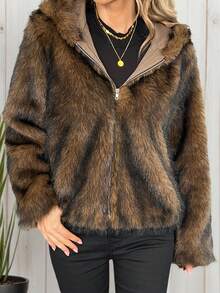 Damen Lässig Reißverschluss Kapuzenjacke mit Kunstfell, Streetstyle für den Alltag, Herbst/Winter