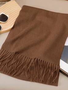 1pc 35*180cm High-Quality Elegant Solid Color Tassel Wool Scarf For Women, Casual Windproof Shawl For Autumn/Winter, Suitable For Daily Wear For Dress - Brown - View 5