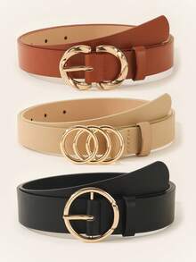 3件套女士简约时尚百搭腰带套装，经典腰带，适合搭配连衣裙和上衣，黑色腰带配有三环、双环和单环金属扣，优雅纯色腰带 - 彩色 - 查看 3