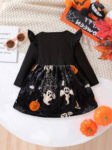 Baby Mädchen süßes A-Linien Kleid mit rundem Ausschnitt, Puffärmeln, Schleife und Motiven wie Kürbis, Geist, Spinne, ideal als Halloween Kostüm, Mädchen Bekleidung, geeignet für Frühling/Herbst Ausflüge