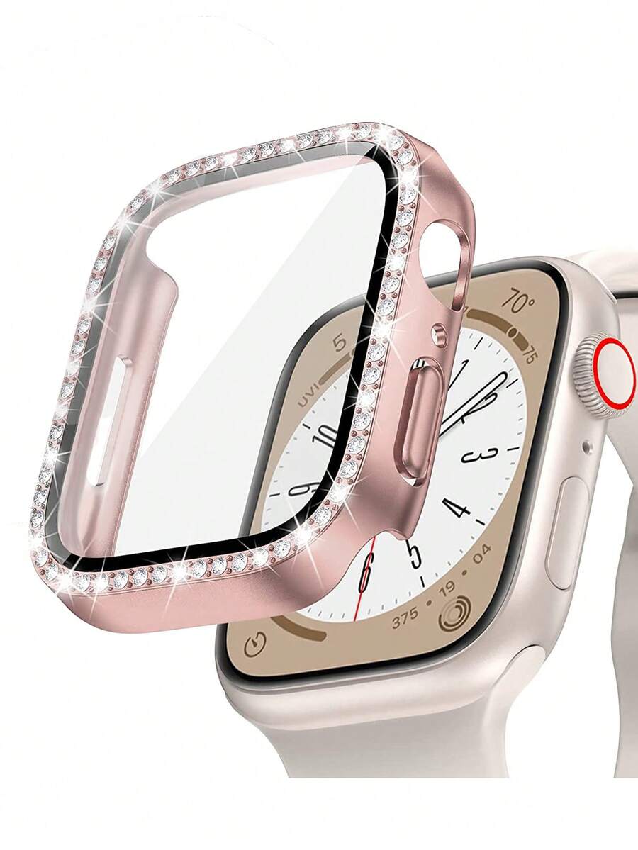 1pc Unisex Shiny Rhinestone Decorated Fashionable Scratch-Resistant 2-In-1 Ultra-Thin Tempered Glass Screen Protector & Watch Case, Compatible With Apple Watch 38/40/41/42/44/45/46/49mm, Suitable For Apple Watch Series Ultra/SE/11/10/9/8/7/6/5/4/3/2/1, Smart Watch Accessory