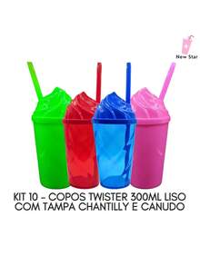 KIT 10 - COPO ACRÍLICO LISO 300ML COM TAMPA CHANTILLY E CANUDO - PARA FESTA, PERSONALIZAÇÃO, ANIVERSÁRIO - Laranja Neon Translúcido - Visão 2