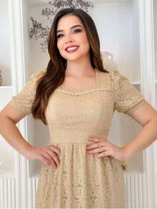 Vestido Aurora De Renda Feminino Midi Elegante Moda Casamento Festa ano novo - Caqui - Visão 2