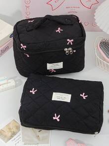Bolsa de cosméticos con patrón de lazo bordado en rosa, bolsa de almacenamiento de cosméticos acolchada de espuma, bolsas de maquillaje de viaje lindas, bolsa de almacenamiento de artículos multifunción, bolsa de gran capacidad - Negro - Ver 5