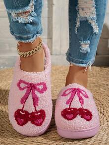 Cute Cherry Bow Embroidery Slip-On Women's Slippers Indoor Casual Home Footwear Winter - Bụi hồng - Xem 1