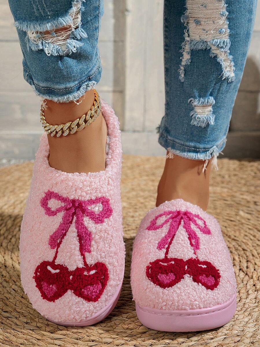 Cute Cherry Bow Embroidery Slip-On Women's Slippers Indoor Casual Home Footwear Winter - Bụi hồng - Xem 1
