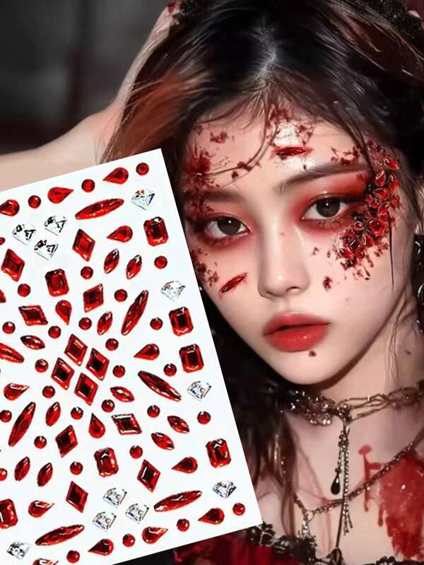 1 Stück Halloween Strass Rot Narben Make-up Aufkleber, 3D Diamant Gesicht Juwel Aufkleber, Dunkler Stil Make-up Aufkleber für Bühnenauftritte, Tag der Toten