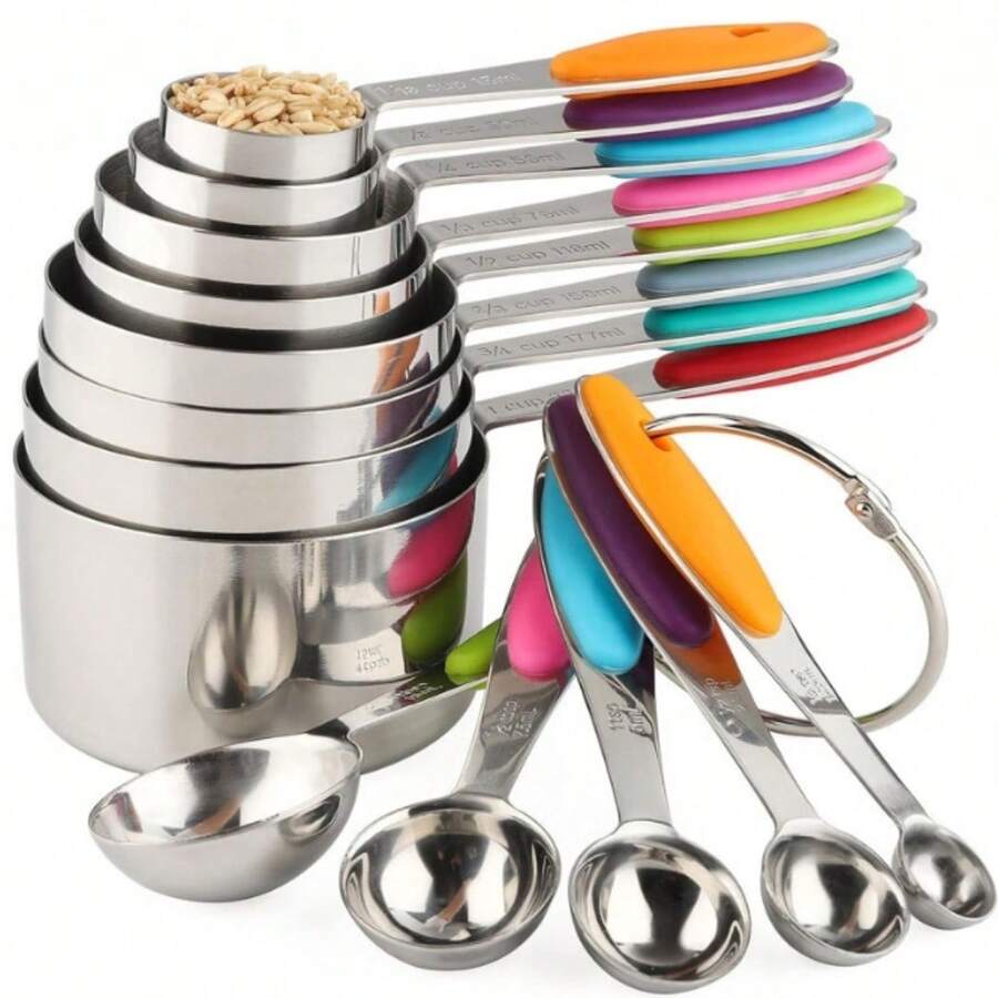 13-Piece Stainless Steel Measuring Cups & Spoons Set - Nesting Design With Soft Touch Silicone Handles For Dry/Liquid Ingredients - Colorful Baking & Cooking Essentials - Multicolor - View 1