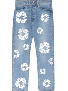 Women's Denim Jeans Fall Winter Casual Commuter Flower Print Baggy Pants Trousers Ladies Fall Fashion Casual Women Jean Pants  Halloween    All    Regular Fit    Pocket  Zipper - Màu xanh lam - Xem 1