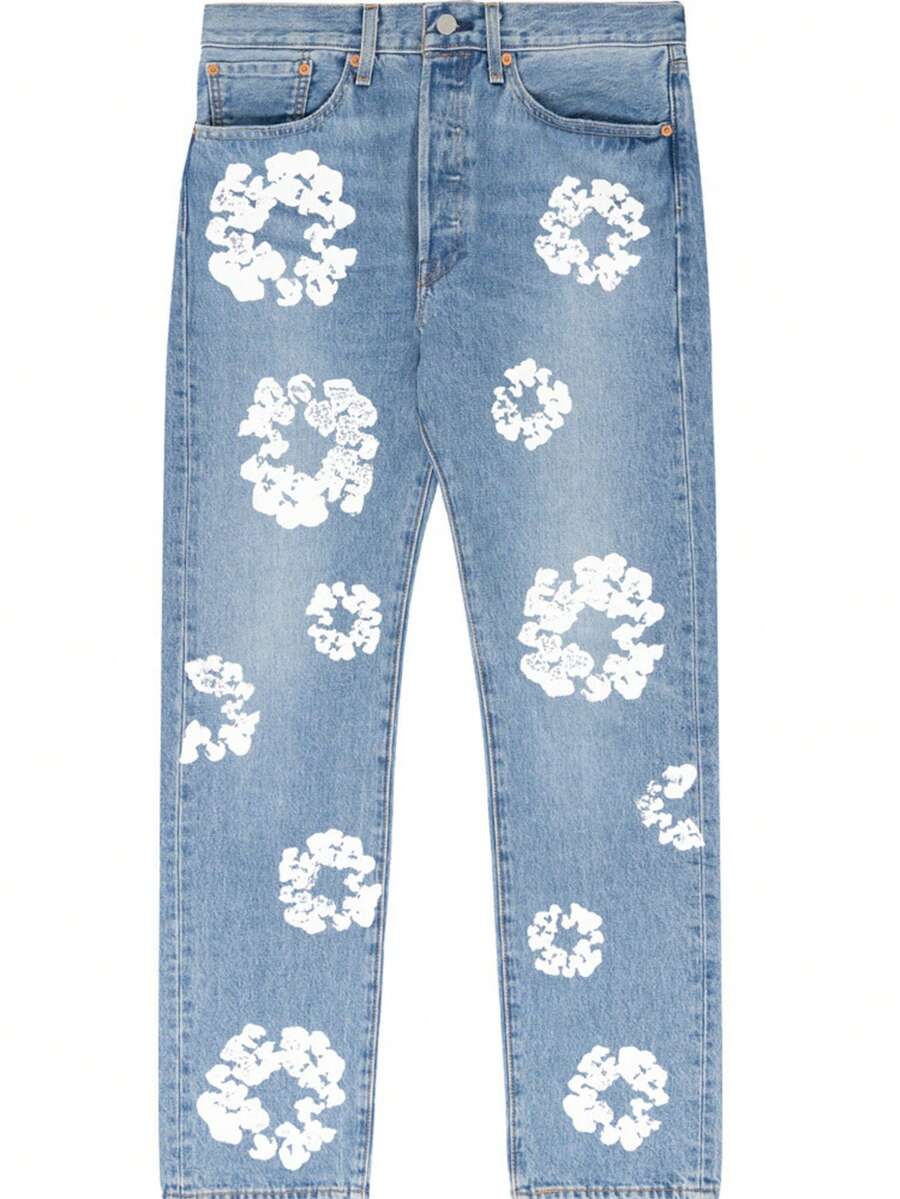 Women's Denim Jeans Fall Winter Casual Commuter Flower Print Baggy Pants Trousers Ladies Fall Fashion Casual Women Jean Pants  Halloween    All    Regular Fit    Pocket  Zipper - Màu xanh lam - Xem 1