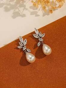 1 对华丽的镀金珍珠和方晶锆石吊坠耳环 - 适合日常佩戴、宴会、聚会、婚礼 - 新娘珍珠耳环 - 多色4號 - 查看 6