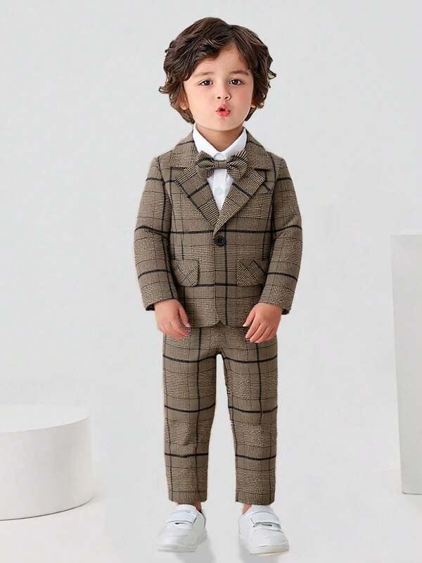 3pcs Young Boys Gentleman Outfit Set: Long Sleeve Shirt With Bowknot, Suit Jacket, And Pants, Fashionable & For Birthday Party, Formal Event, Wedding, Christening, 1st Birthday