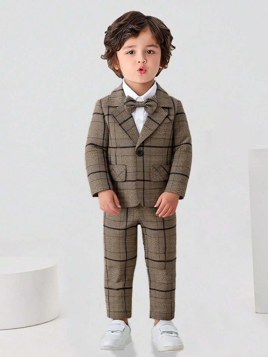 3pcs Young Boys Gentleman Outfit Set: Long Sleeve Shirt With Bowknot, Suit Jacket, And Pants, Fashionable & For Birthday Party, Formal Event, Wedding, Christening, 1st Birthday