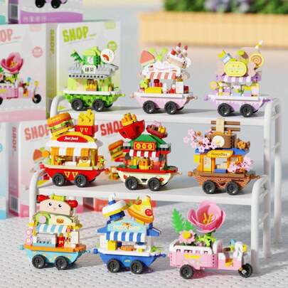 Serie de carrito de postres Juguete de bloques de construcción de micropartículas, ensamblar e insertar, decoración de escritorio de dibujos animados lindos, regalos para el hogar