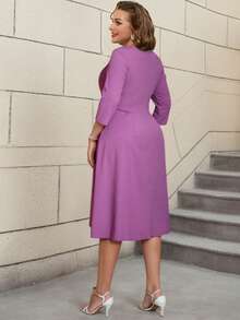 AOMEI 女式休闲春秋季褶皱中长连衣裙长款泡泡袖 V 领荷叶边飘逸口袋连衣裙 - 紫色 - 查看 2