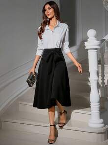 Office Black Midi Skirt - Workleisure High Waist With Bow Accent & Flowy Silhouette, Women's Versatile Textured A-Line Skirt For Fall Commute & Date Nights - 黑色 - 查看 2