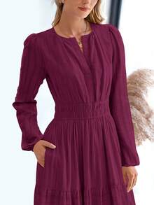 Women Fall Maxi Dresses Long Sleeve High Waist Tiered Flowy A-Line Boho Bohemian Long Dress Beach Holiday Vacation Wedding Guest Valentine Outfit - 酒紅色 - 查看 5