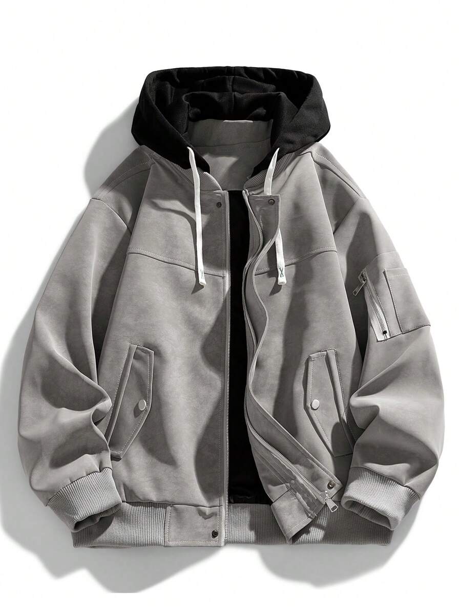 男士宽松连帽摩托车皮夹克，全新秋冬系列 - 灰色 - 查看 1