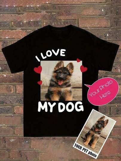 Camiseta Personalizable "Amo a Mi Perro" Con Foto Personalizada - Cuello Redondo Casual, Camiseta de Manga Corta Para Amantes de Mascotas, Comodidad para Todas las Estaciones, Camiseta para Perro